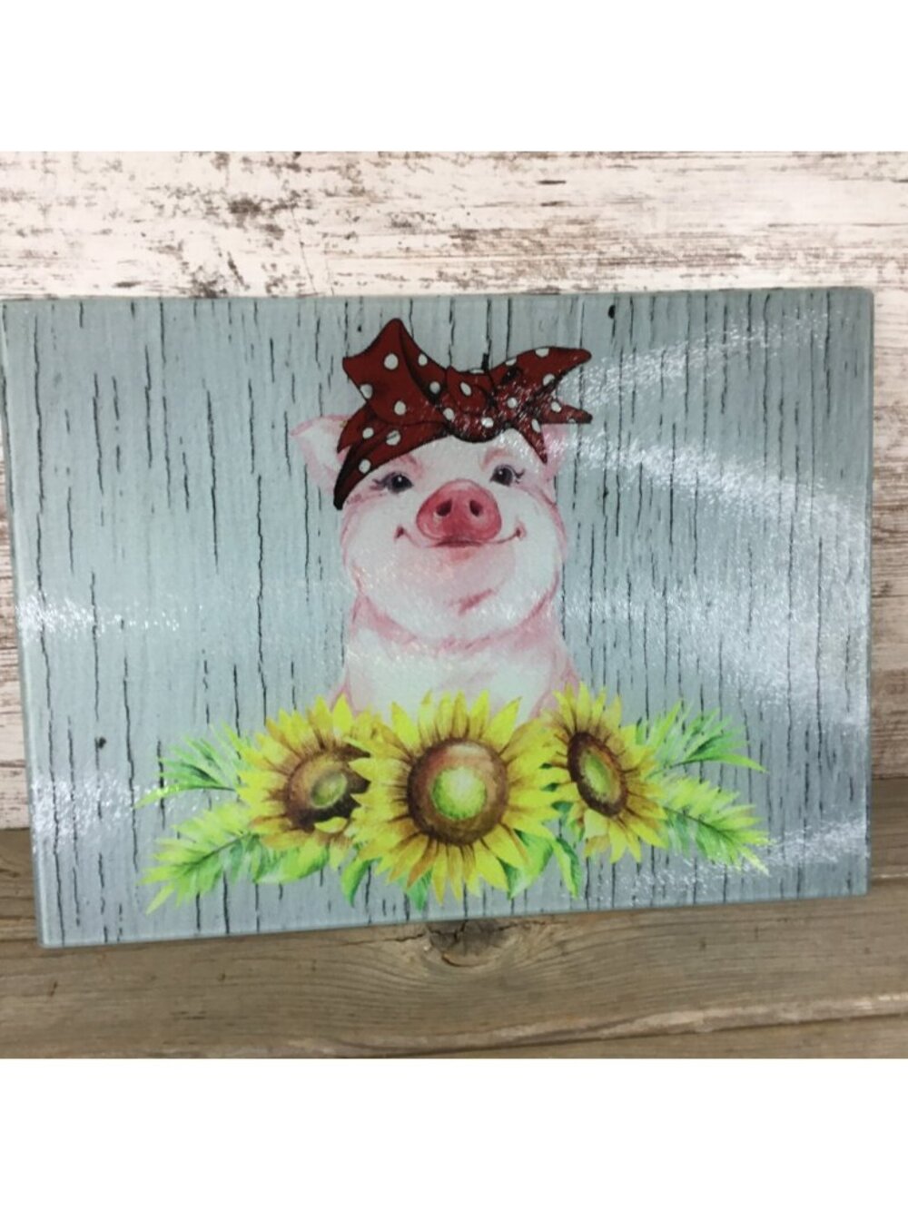 Pig Glass Cutting Board With Sunflowers & Red Bandana Pig Design 11.25" x 15.25"